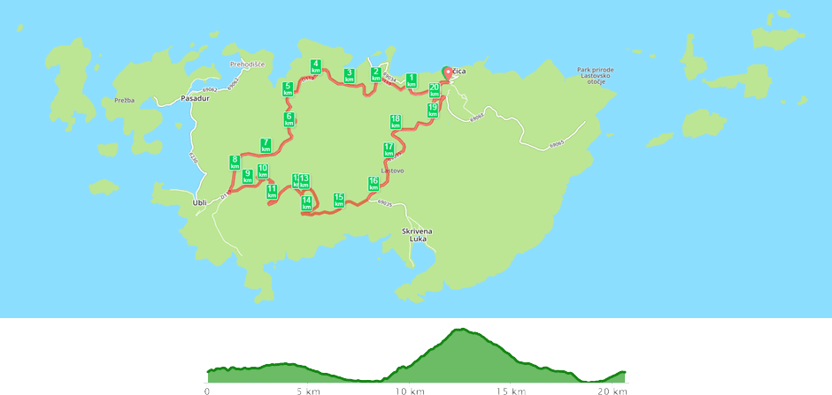Karta biciklističke staze Lastovo - Hom - Lastovo